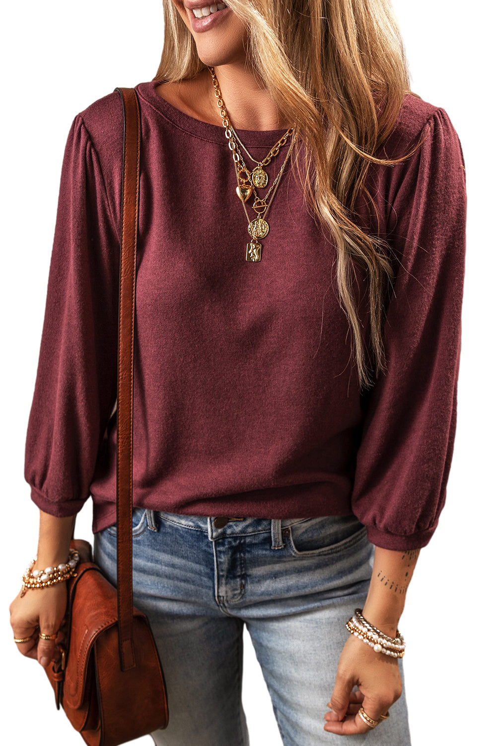 Solid Color 3/4 Sleeve Round Neck Top