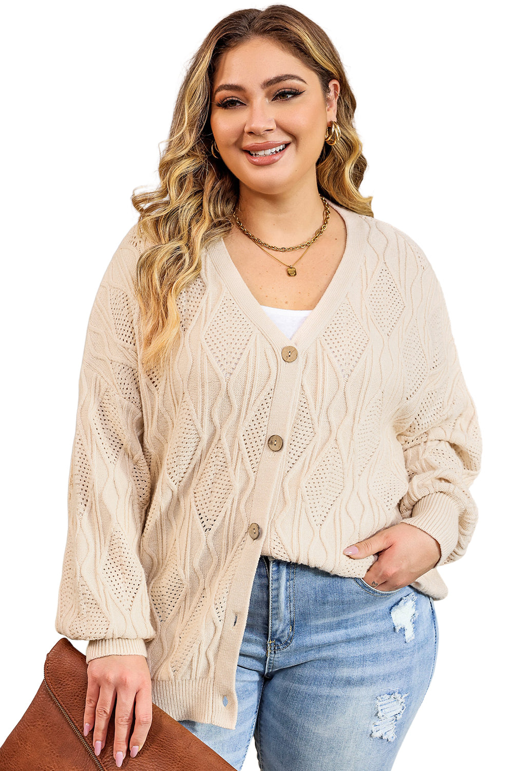 Plus Size Knitted Hollow out Button up Cardigan