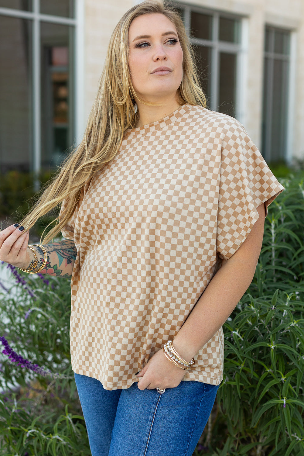 Checkerboard Short Batwing Sleeve Round Neck Plus Size T Shirt