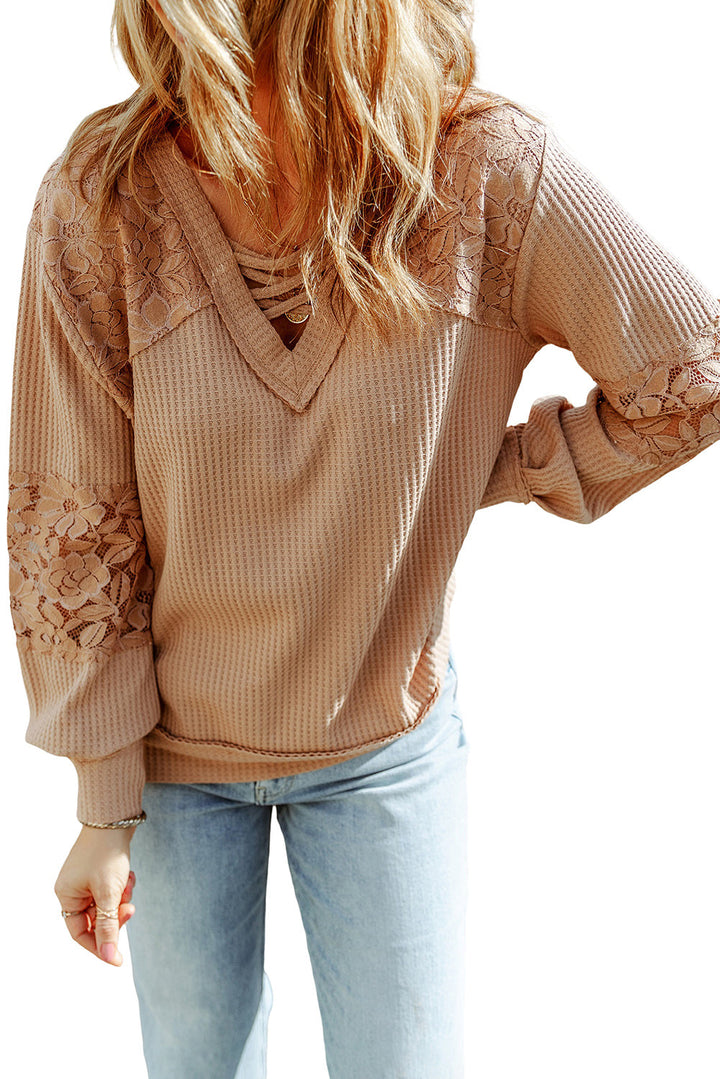 Lace Waffle Patchwork Strappy V Neck Long Sleeve Top