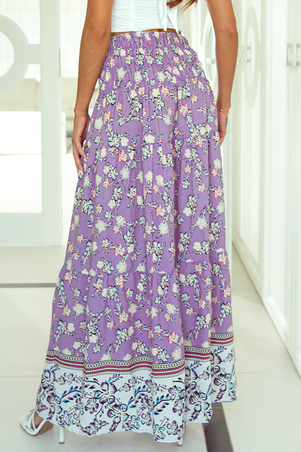 Floral Print Shirred High Waist Maxi Skirt