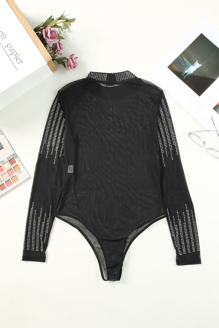 Rhinestone Sheer Mesh Long Sleeve Bodysuit