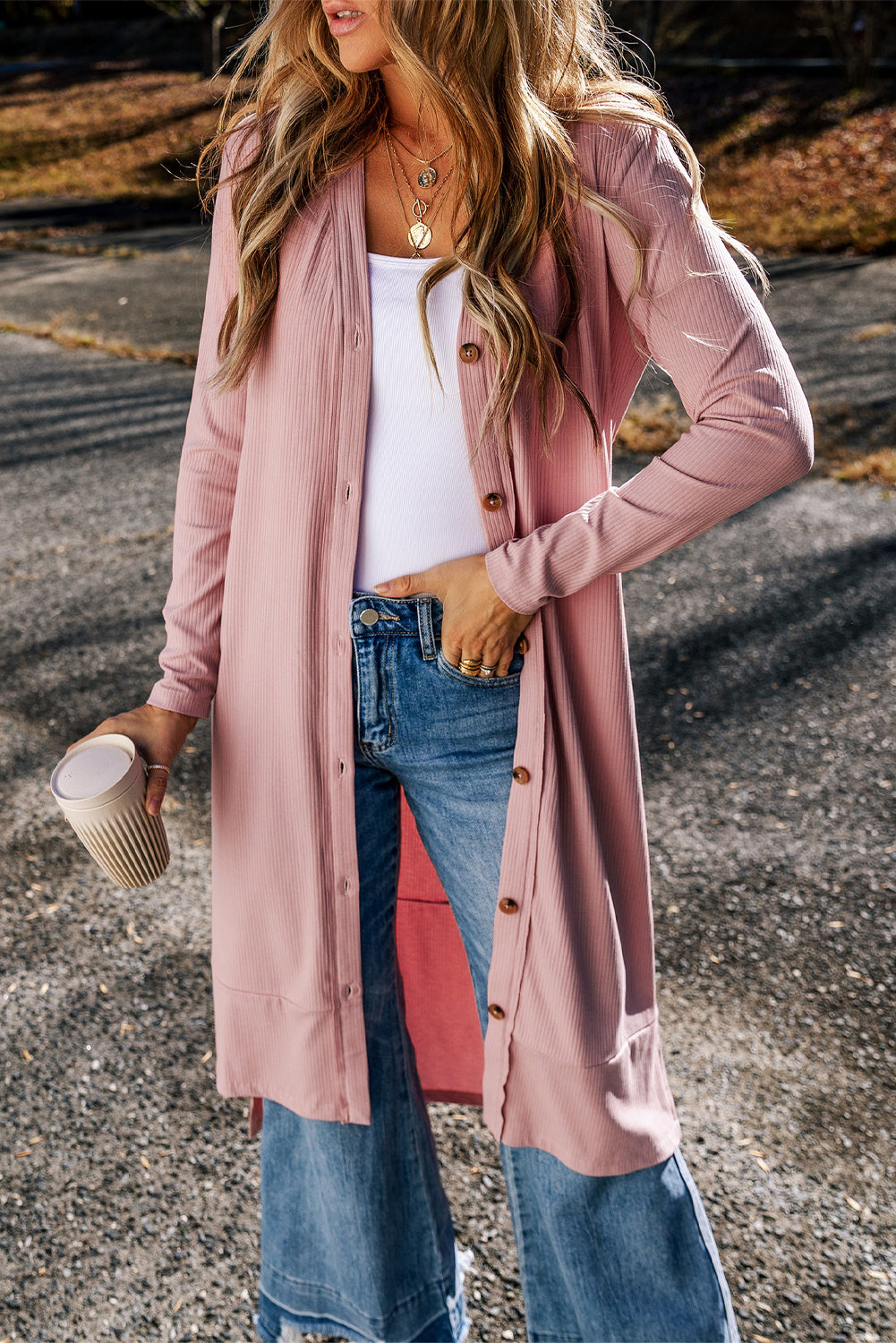 Ribbed Button-Up Split Duster Cardigan