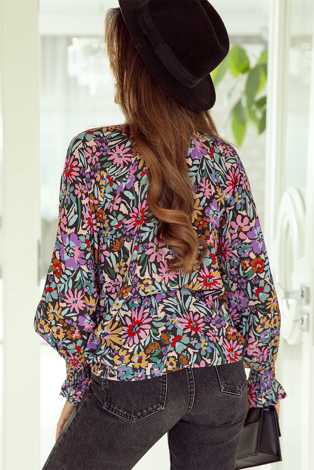 Floral Print Ruffled Long Sleeve V-Neck Blouse