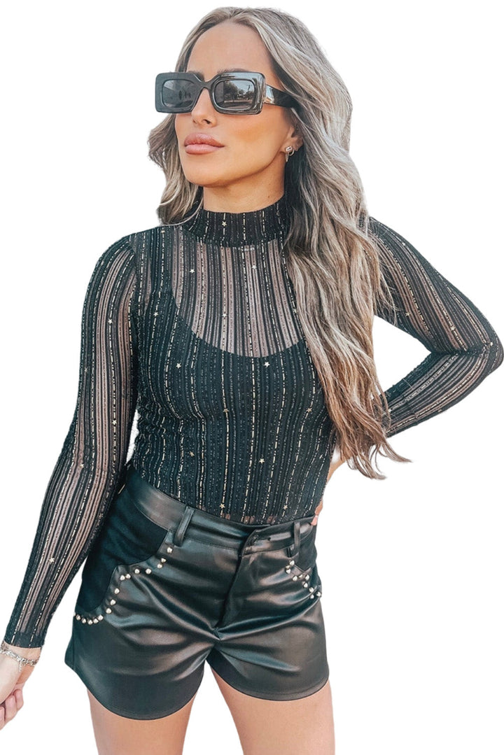 Star Mesh Mock Neck Long Sleeve Bodysuit