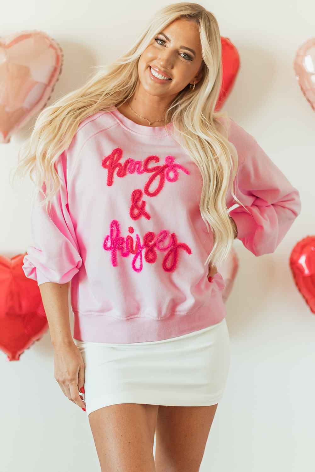 Hugs and Kisses Pop Up Embroidered Raglan Sleeve Sweatshirt