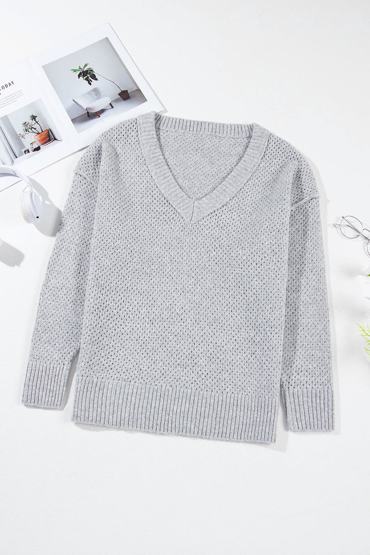 Loose Eyelet V Neck Drop Shoulder Sweater