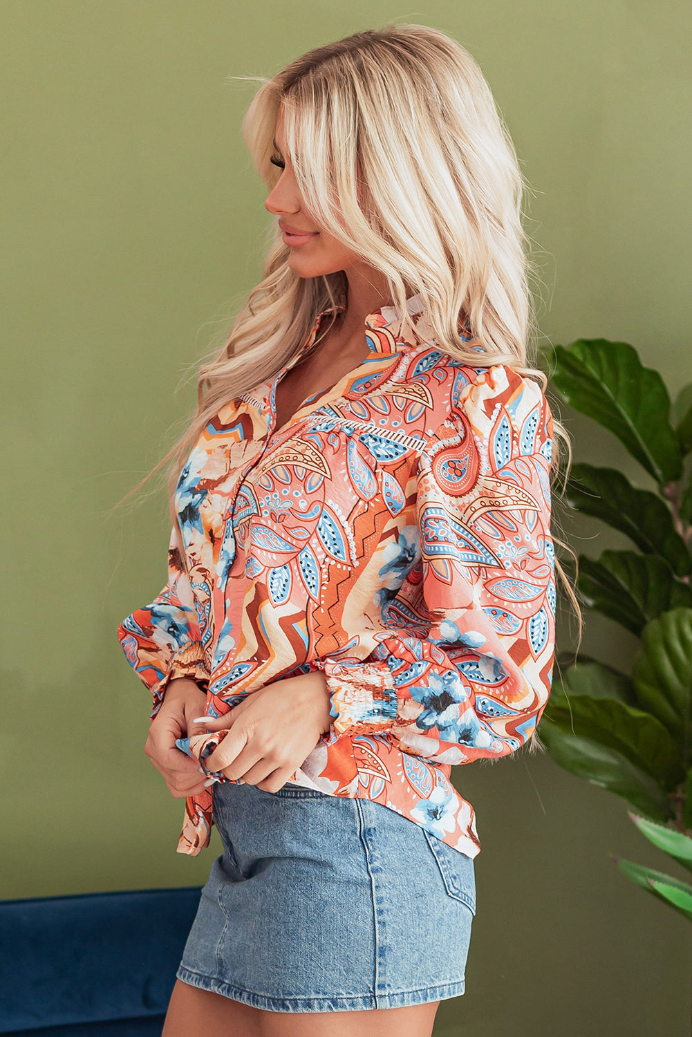 Floral Print Shirred Cuff Buttoned Loose Shirt