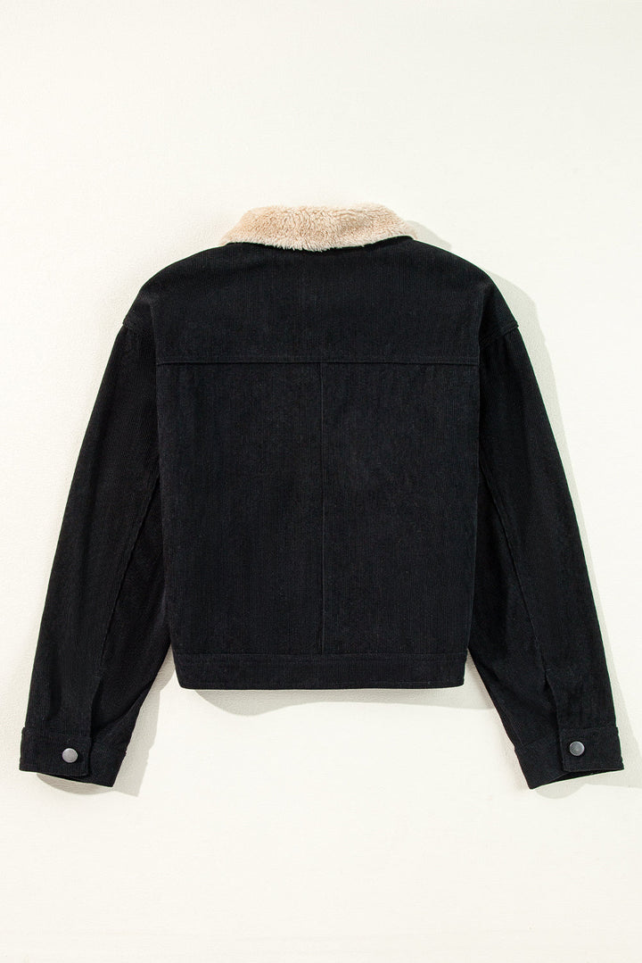 Fleece Lined Button-up Collared Corduroy Crop Jacket