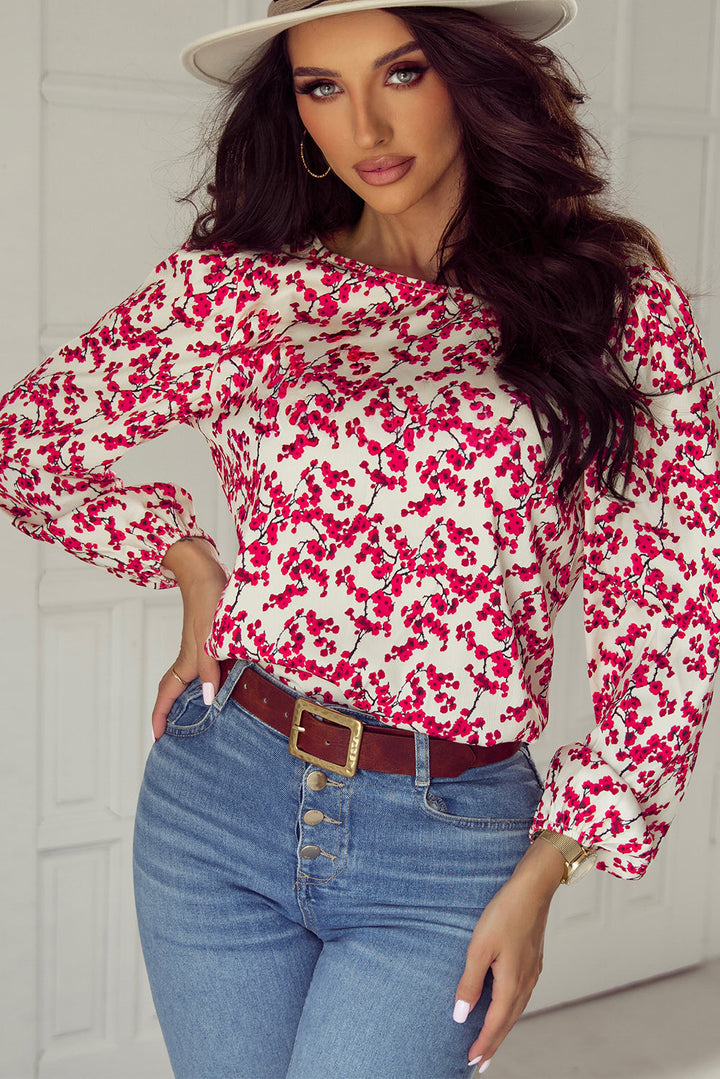 Floral Print Long Sleeve Open Back Blouse