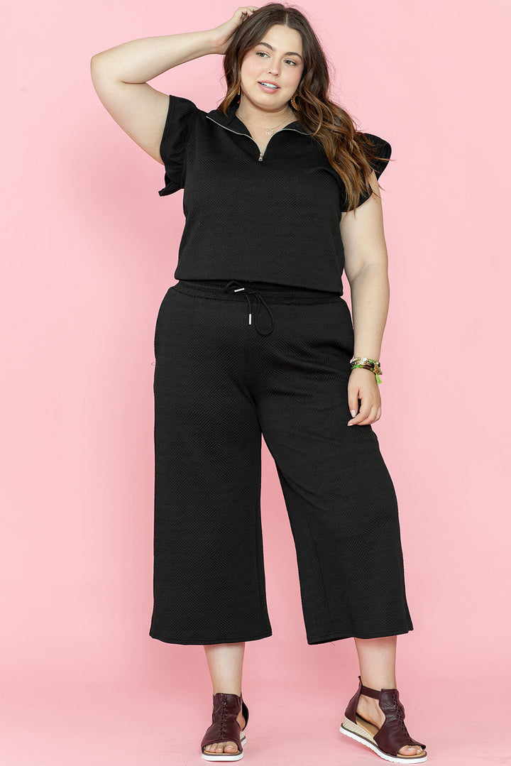 Plus Ruffled Sleeve Quarter Zip Top Wide Leg Pants Set