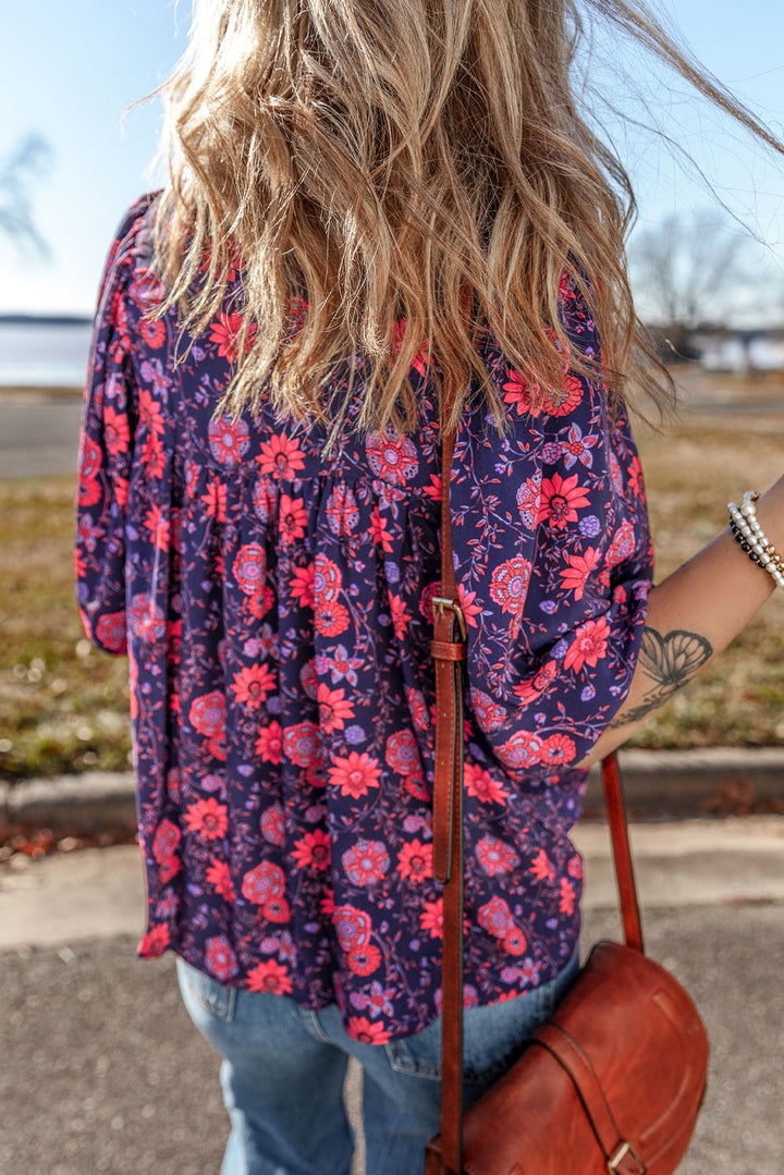 Floral Half Sleeve Split Neck Blouse Top