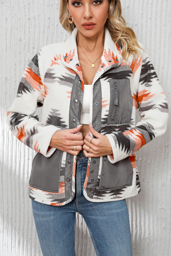 Aztec Fleece Patchwork Snap Button Jacket