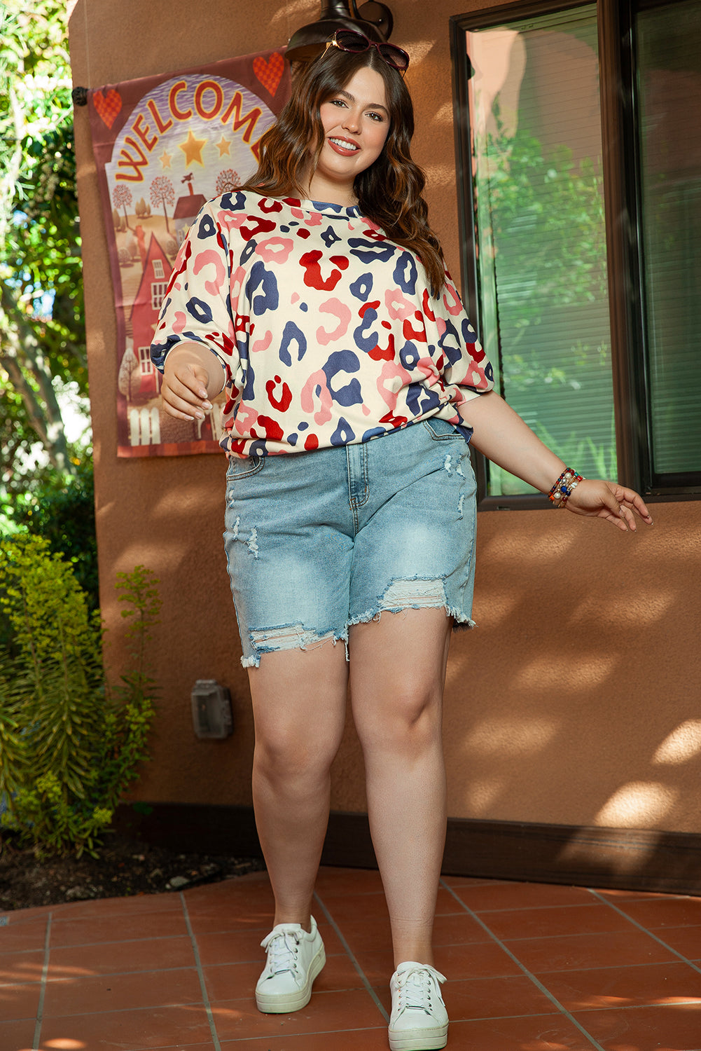 Colorful Leopard Print Batwing Sleeve Plus Blouse