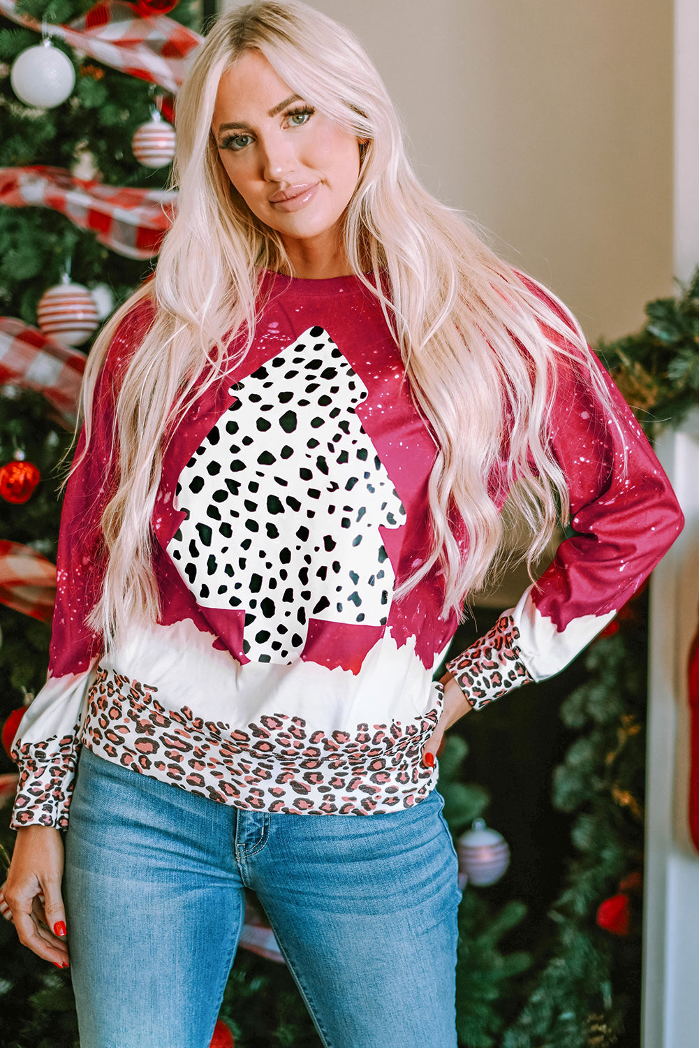 Leopard Christmas Tree Print Loose Fit Sweatshirt