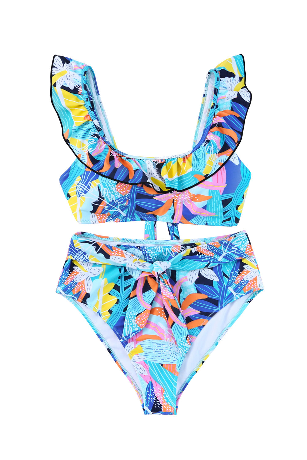 Tropical Print Ruffled Square Neck Tie High Waist Swimsuit