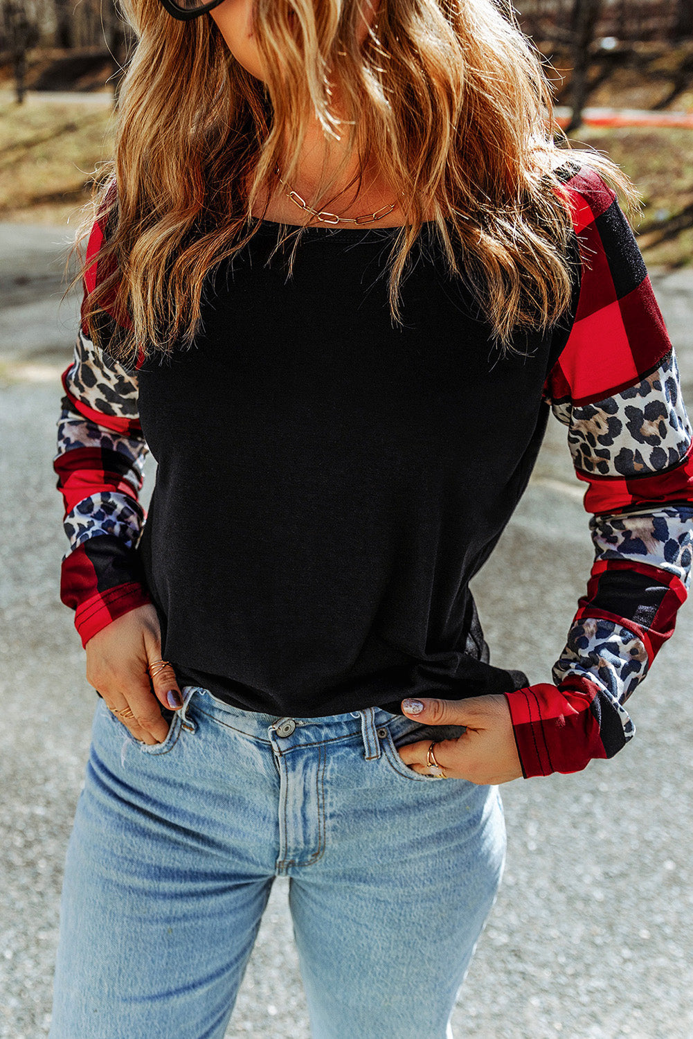 Off Shoulder Plaid&Leopard Print Long Sleeve Top