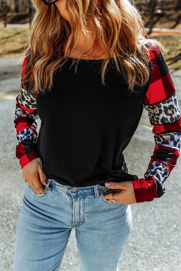 Off Shoulder Plaid&Leopard Print Long Sleeve Top