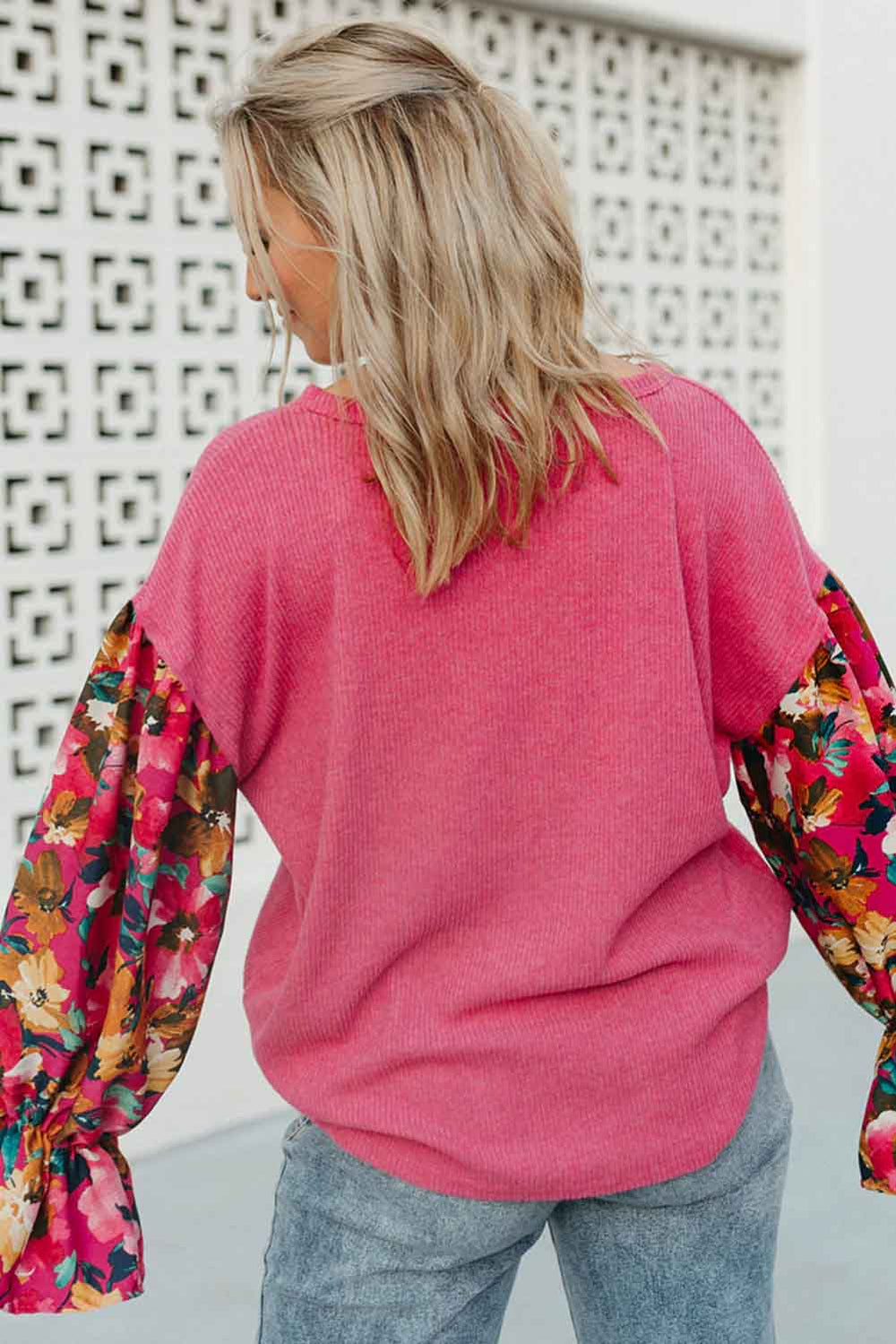 Flower Patchwork Ruffled Sleeve Ribbed Knit Drop Shoulder Top