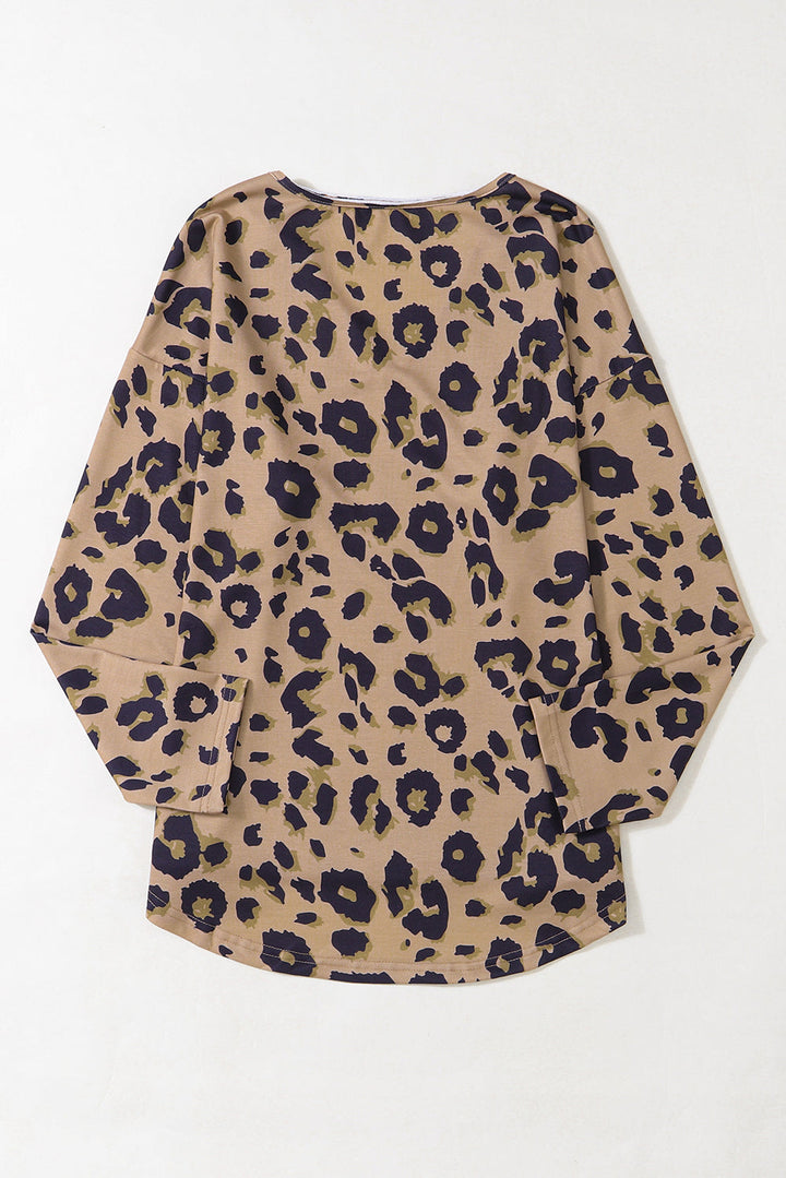 Leopard Split Joint V Neck Long Sleeve Tops