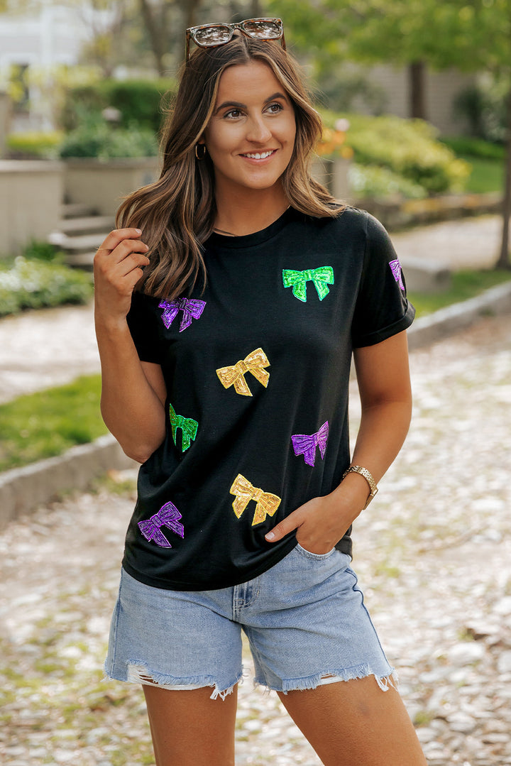 Mardi Gras Sequin Bow Knot Crew Neck T Shirt