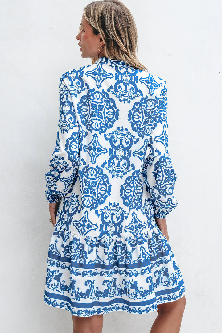 Tribal Print Button Up Notch Neck Loose Mini Dress