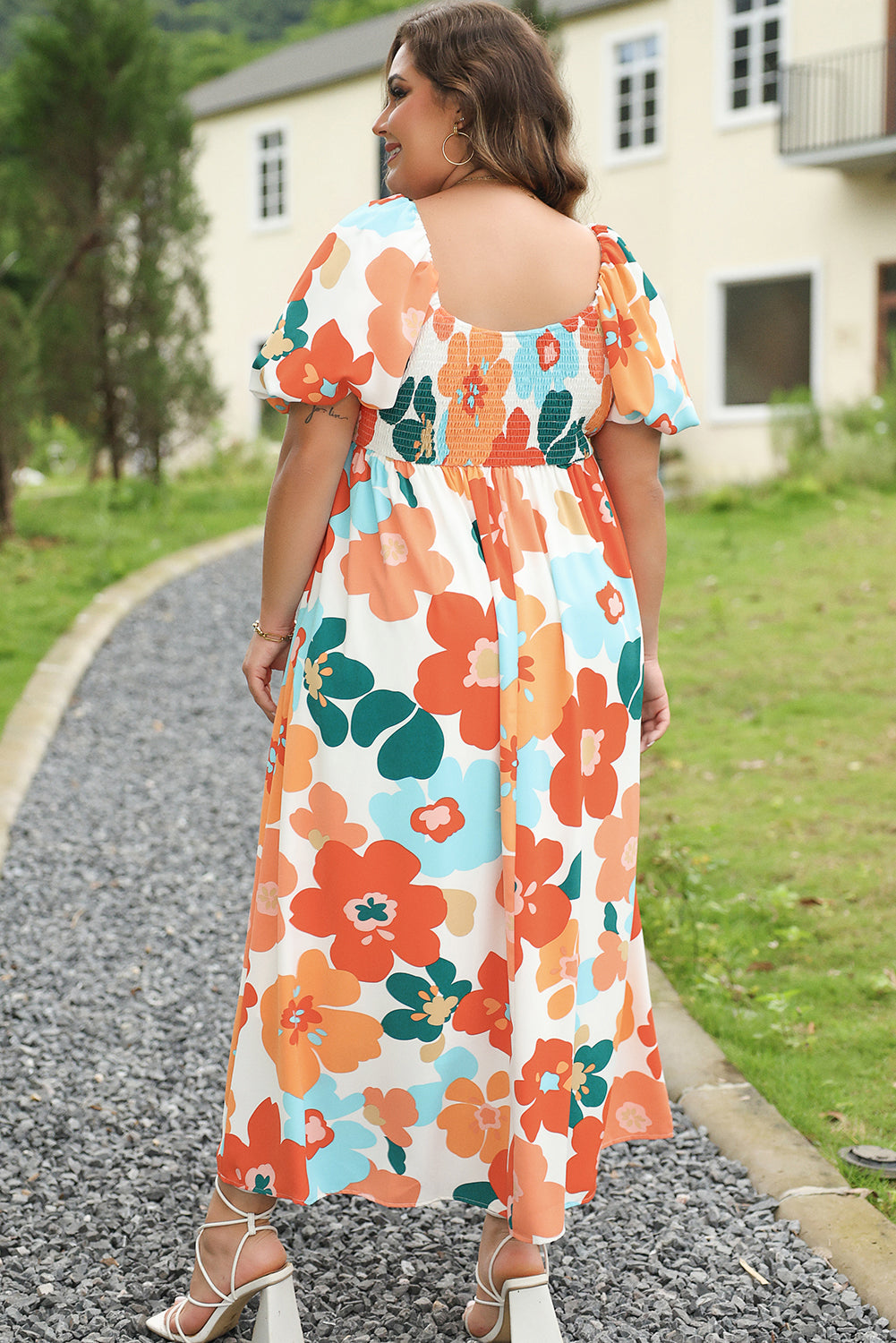 Plus Size Flower Shirred Maxi Dress