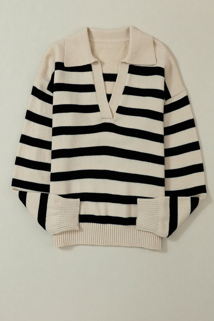 Striped Knit Drop Shoulder Collared V Neck Sweater