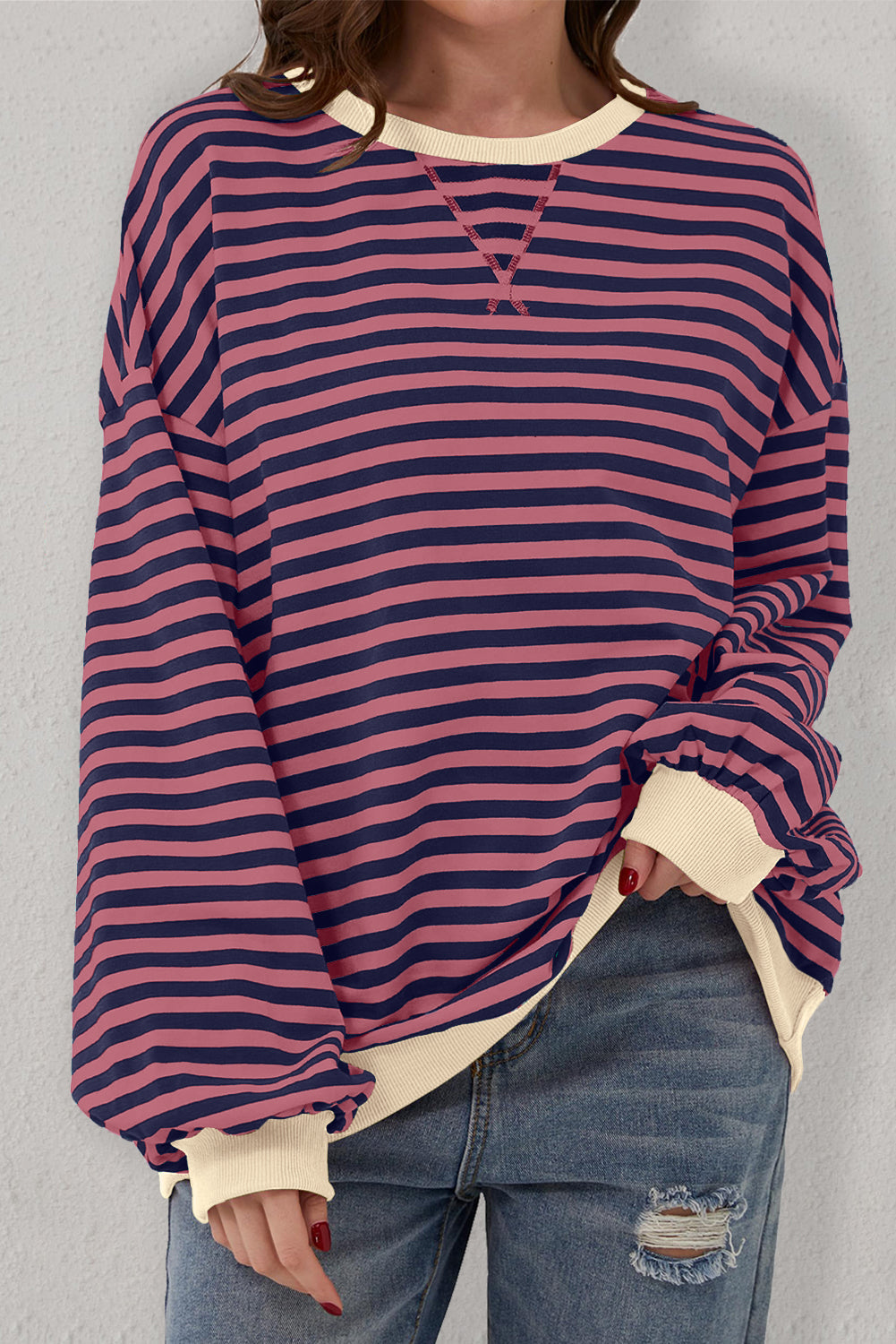 Oversized Contrast Trim Pullover Sweatshirt