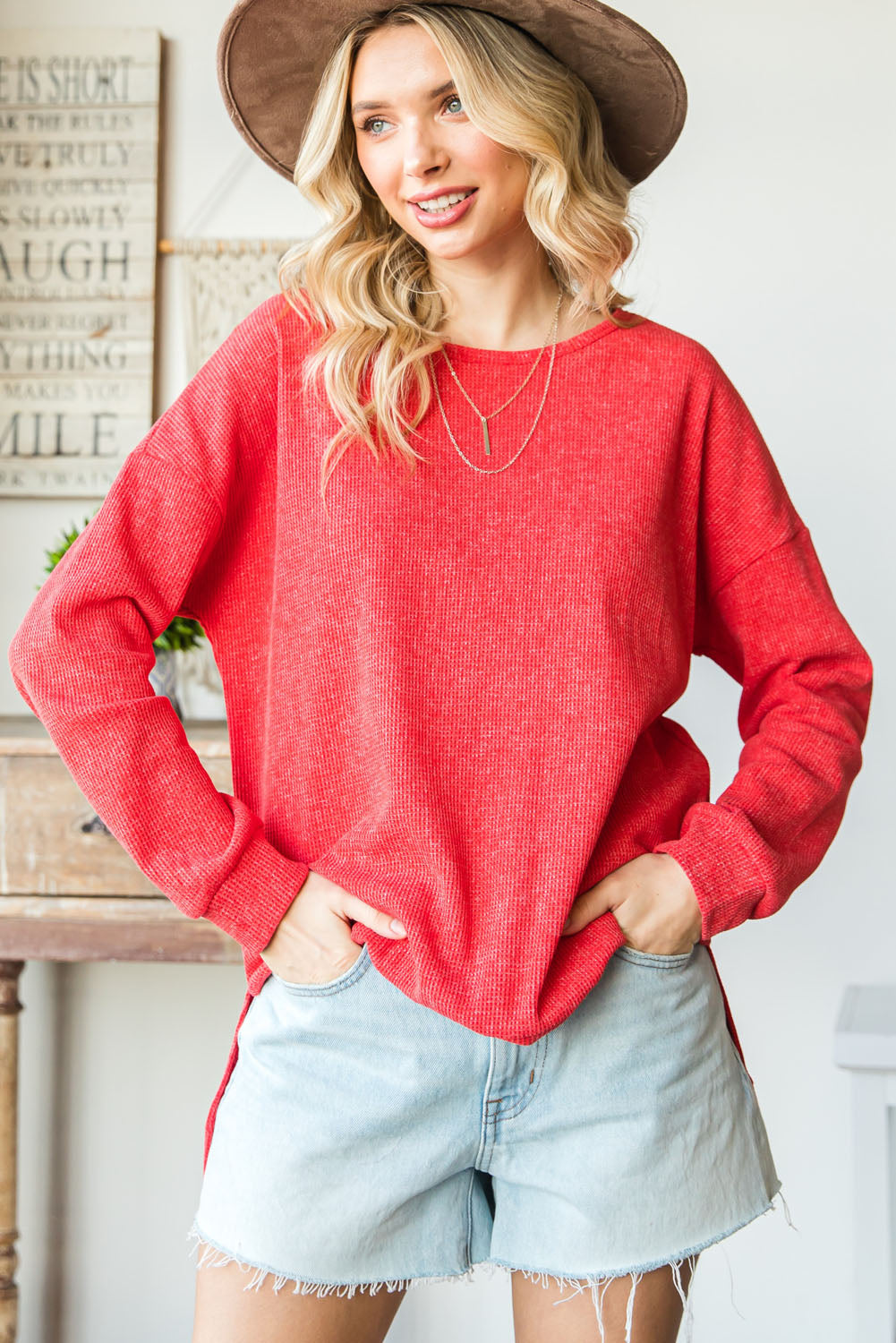 Waffle Knit Side Slit Pullover Top