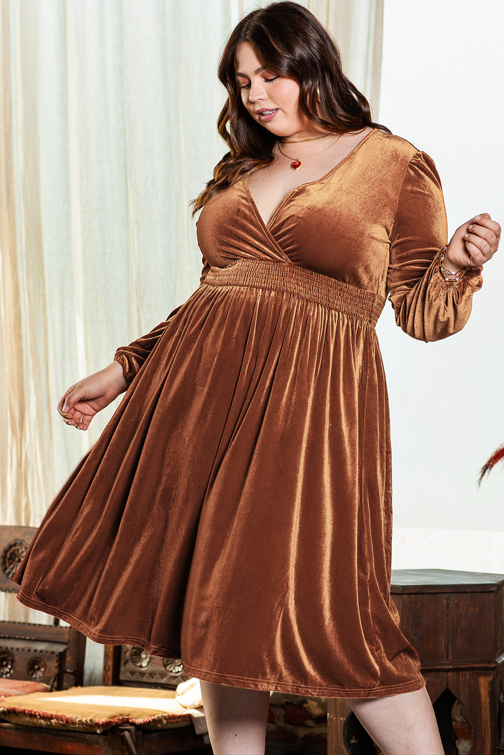 Surplice V Neck Balloon Sleeve Velvet Dress