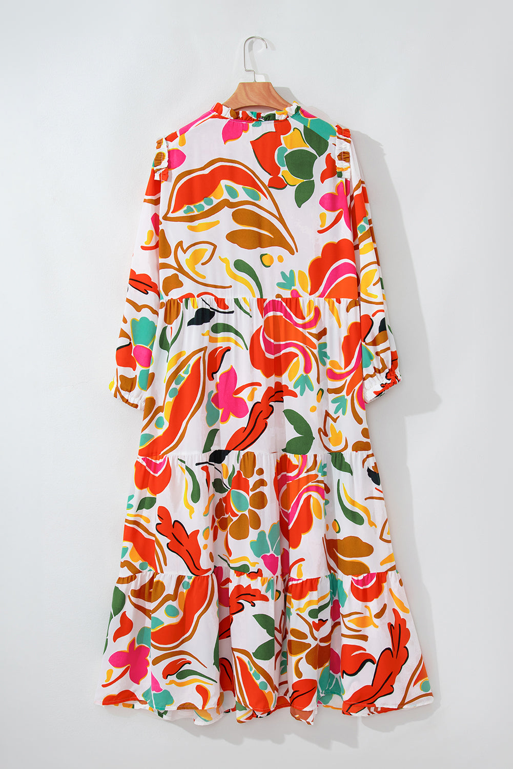 Floral Print Drawstring V Neck Tiered Plus Size Dress