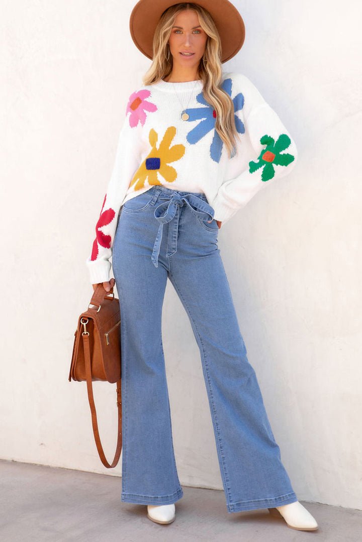 Colorful Big Flower Pattern Crewneck Sweater