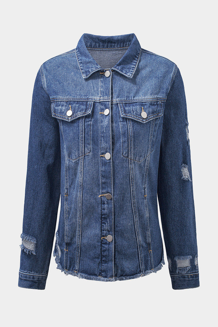 Distressed-Jeansjacke aus Raw Denim mit Revers