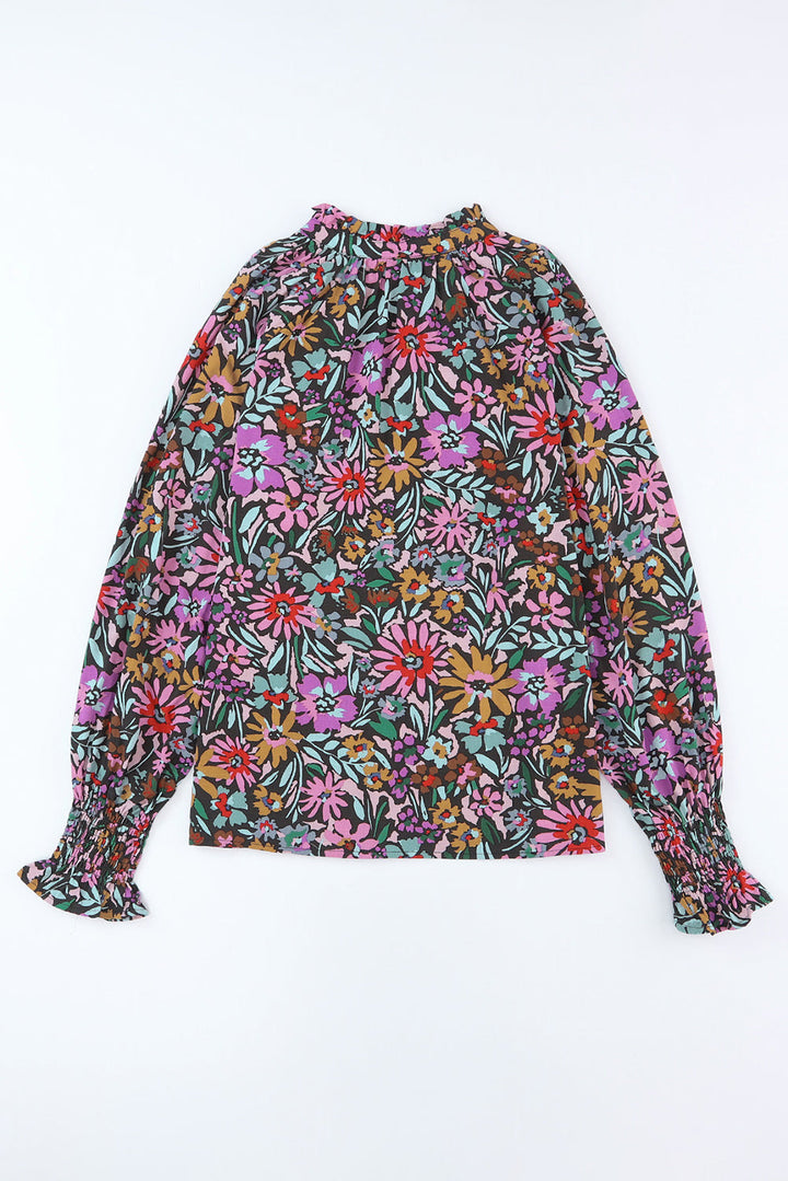 Floral Print Ruffled Long Sleeve V-Neck Blouse