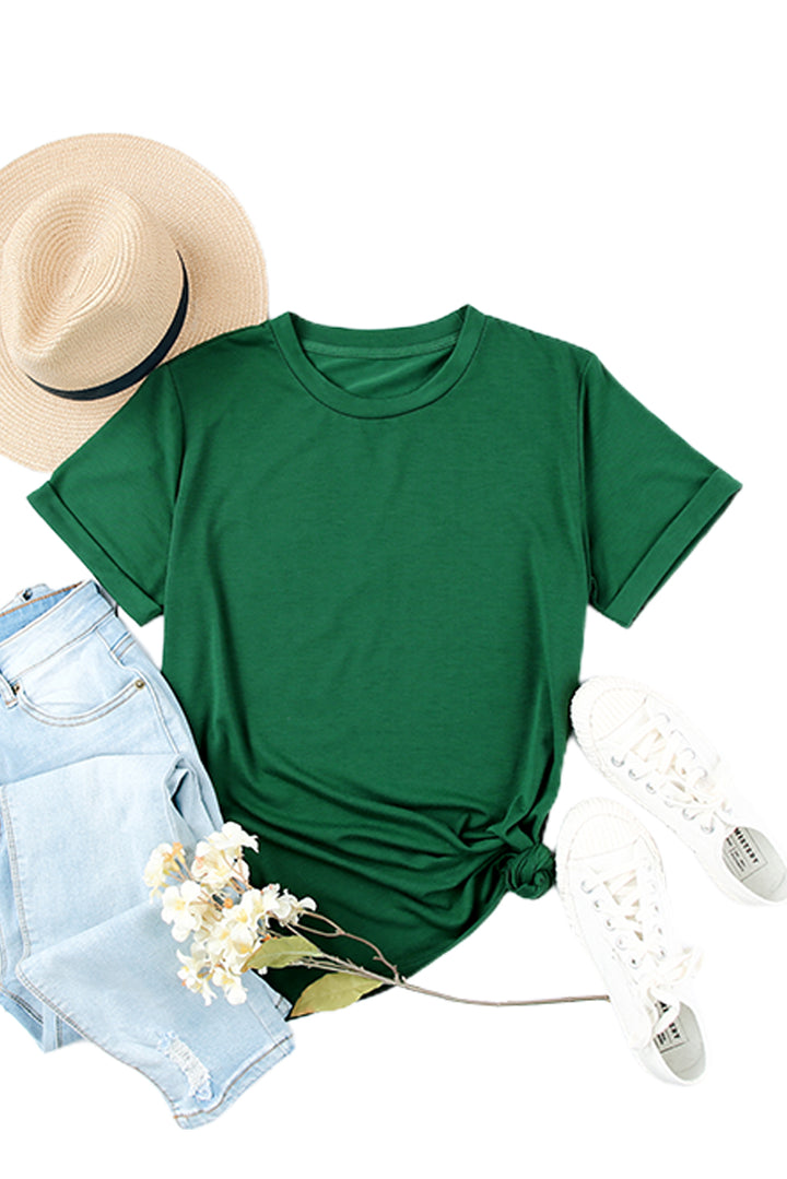 Green Solid Color Crew Neck Tee