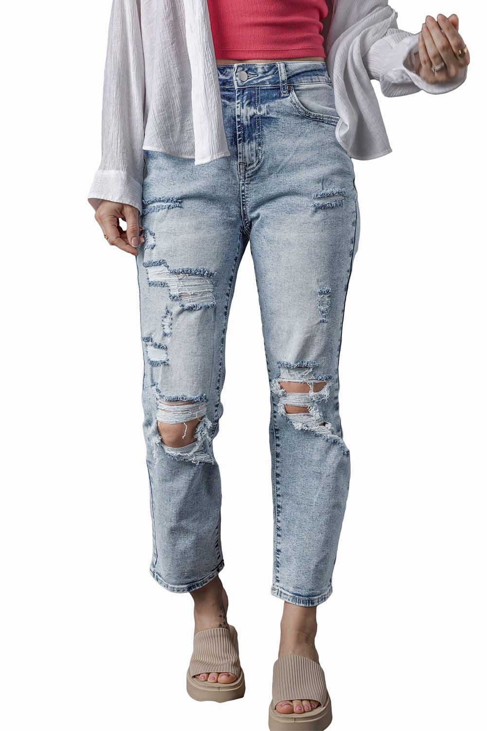 Sky Blue Light Wash Frayed Slim Fit High Waist Jeans