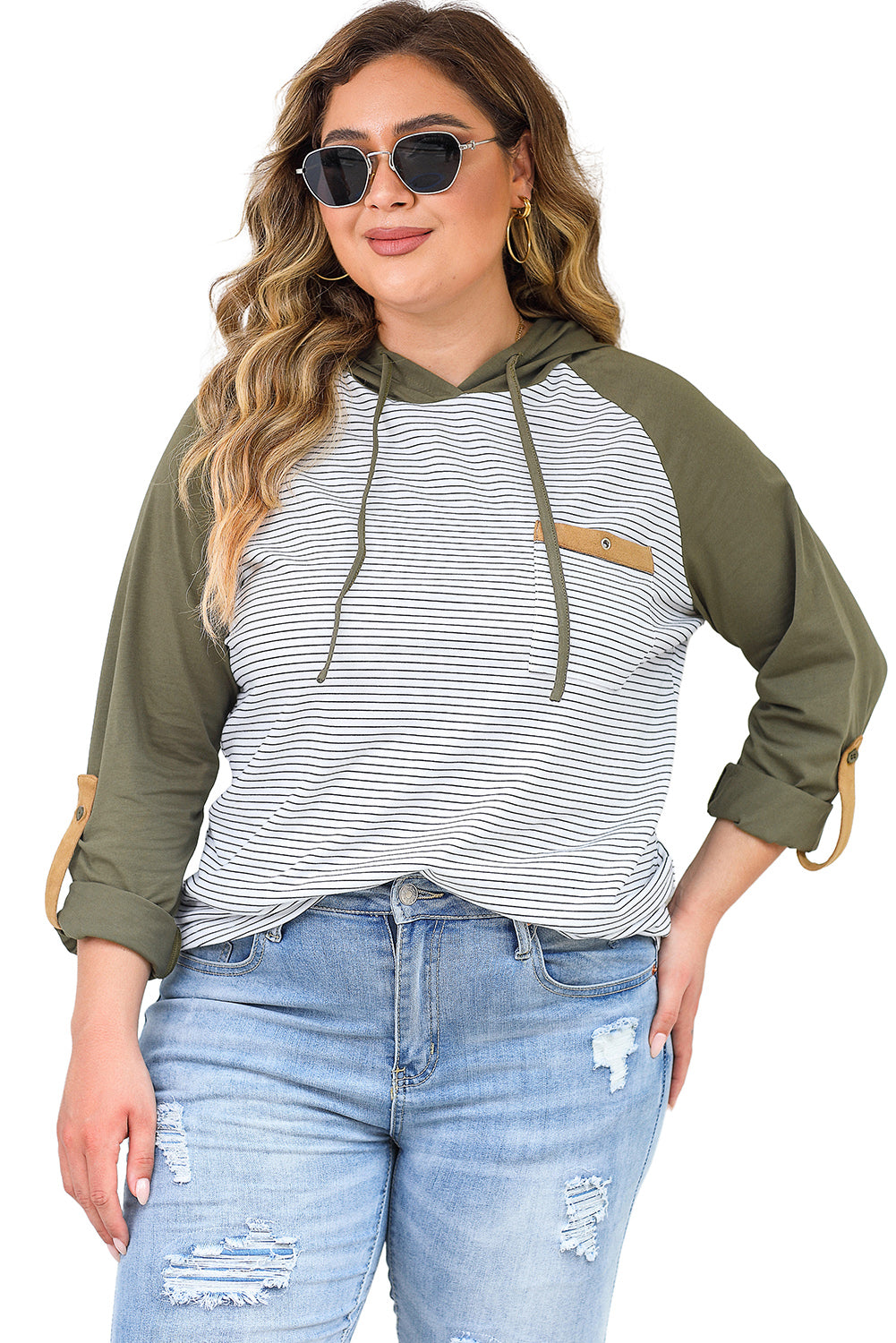 Striped Raglan Sleeve Buttoned Pocket Plus Size Hoodie