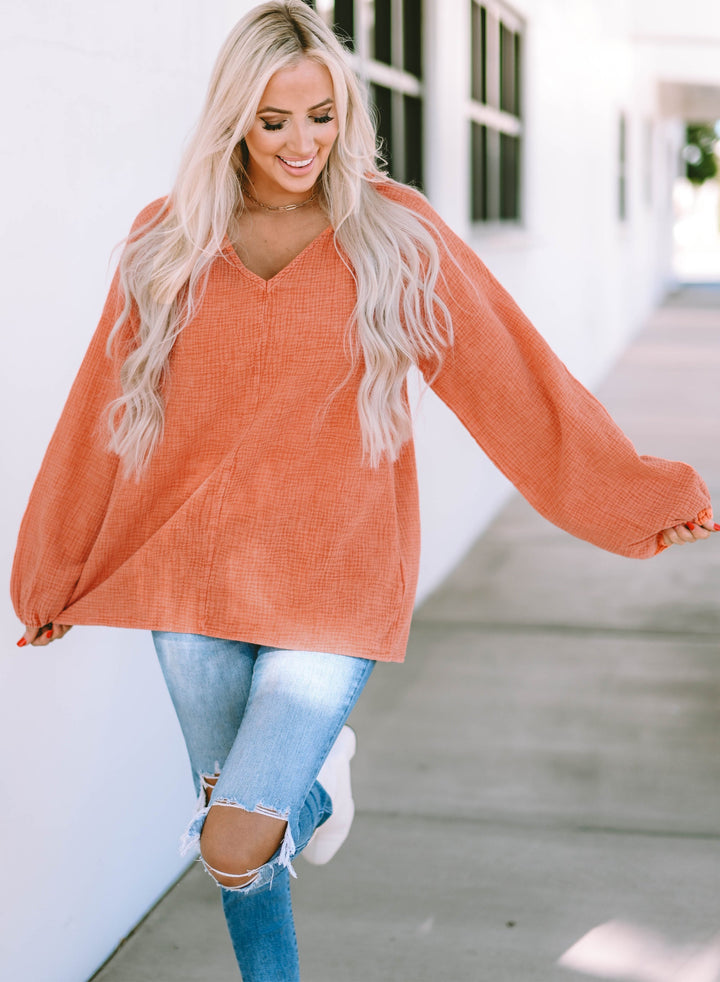 Crinkle Textured Frill Split Neck Puff Sleeve Blouse