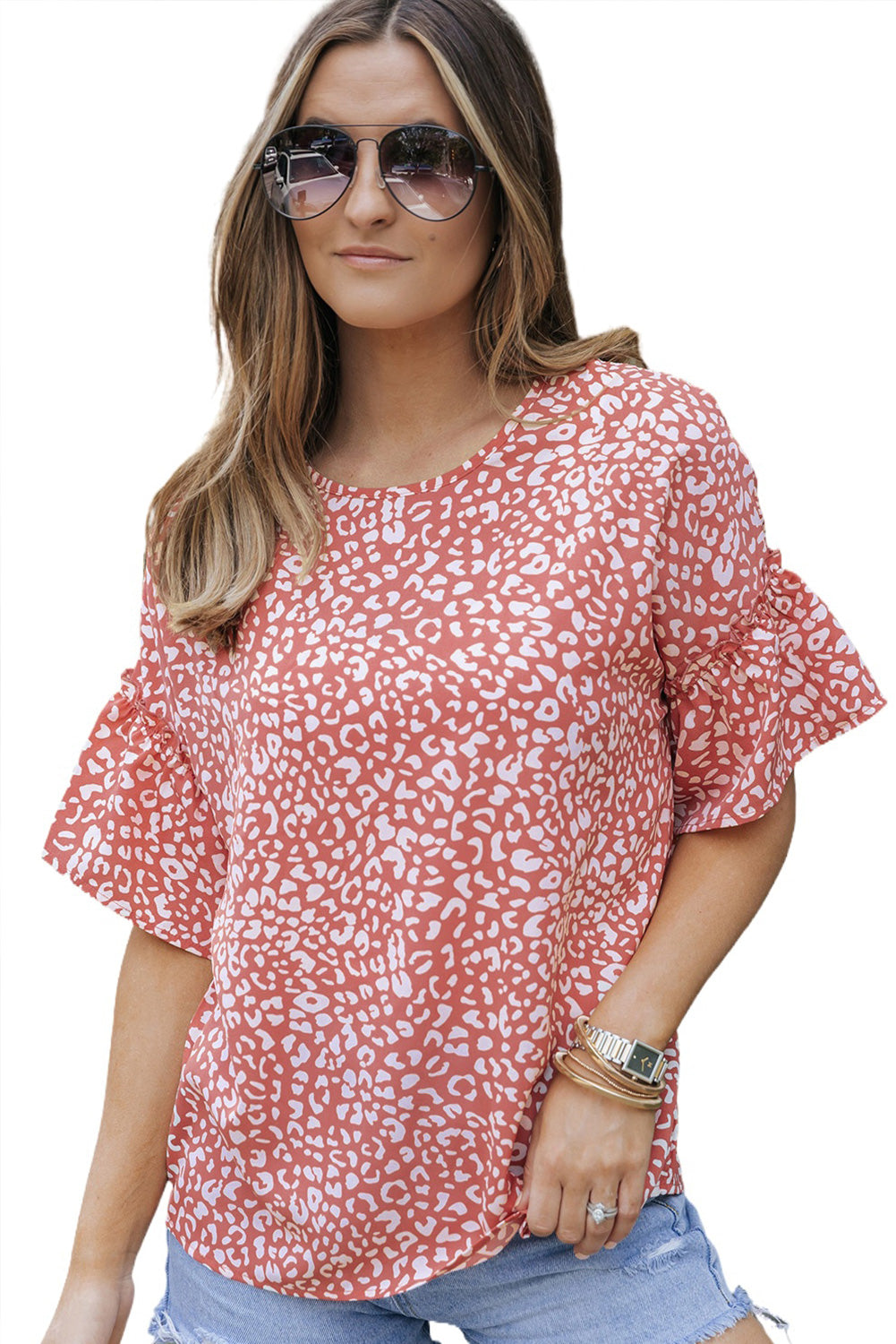 Pink Leopard Spotted Ruffle Sleeve T-Shirt