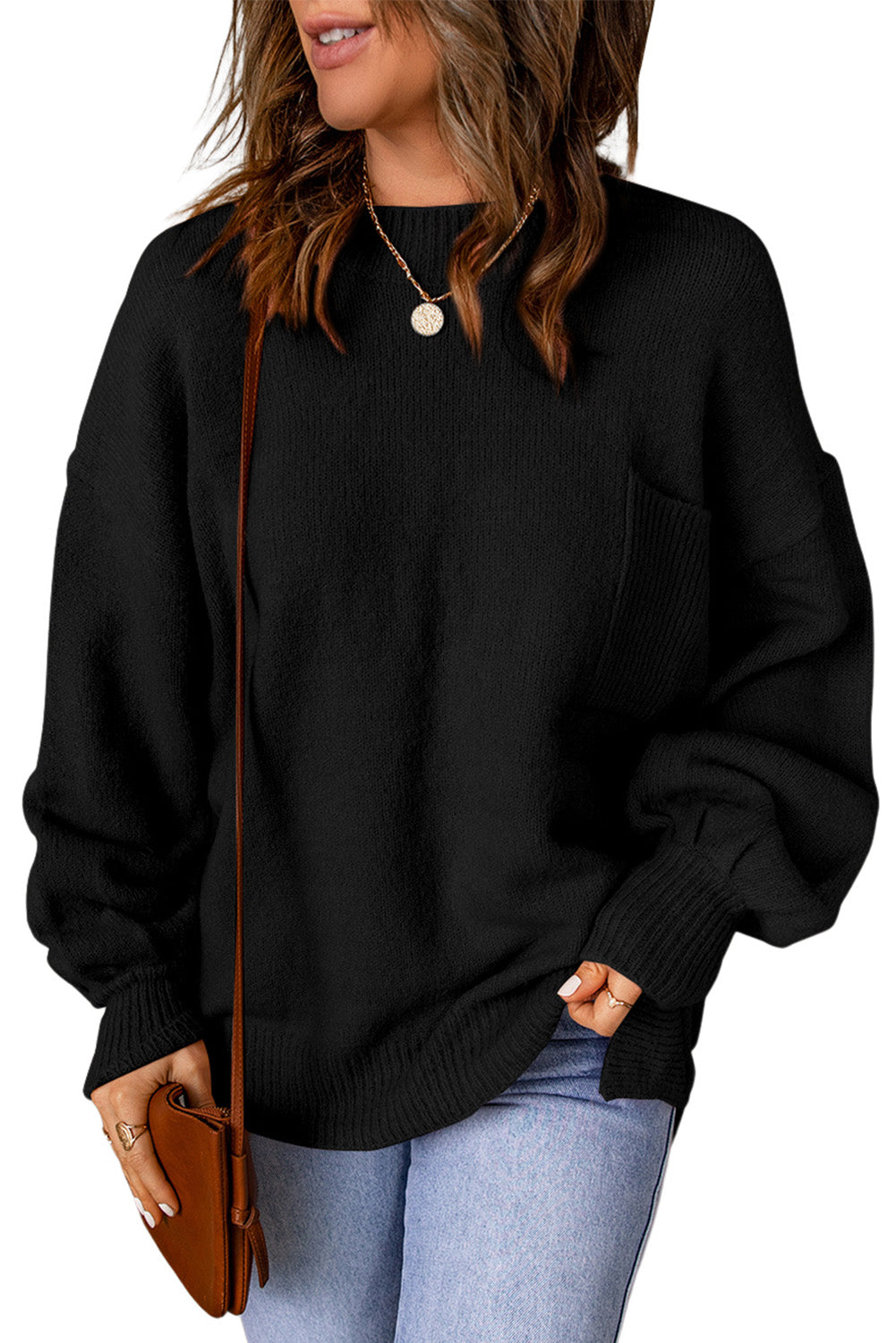 Solid Color Puffy Sleeve Pocketed Sweater