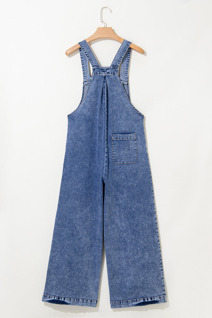 Mineral Wash Buttoned Straps Wide Leg Denim Overalls