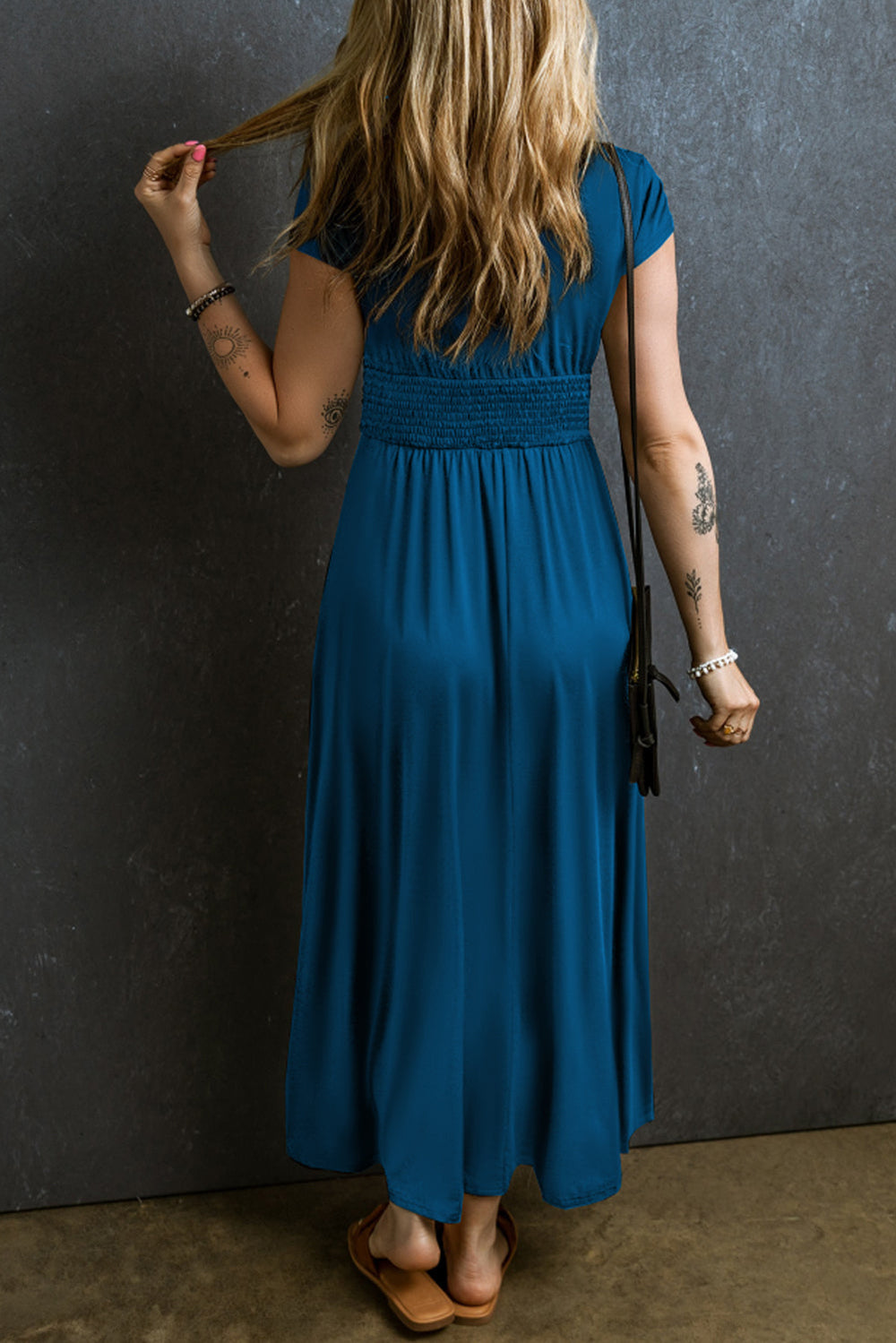 Short Sleeve Shirred High Waist V Neck Maxi Dress