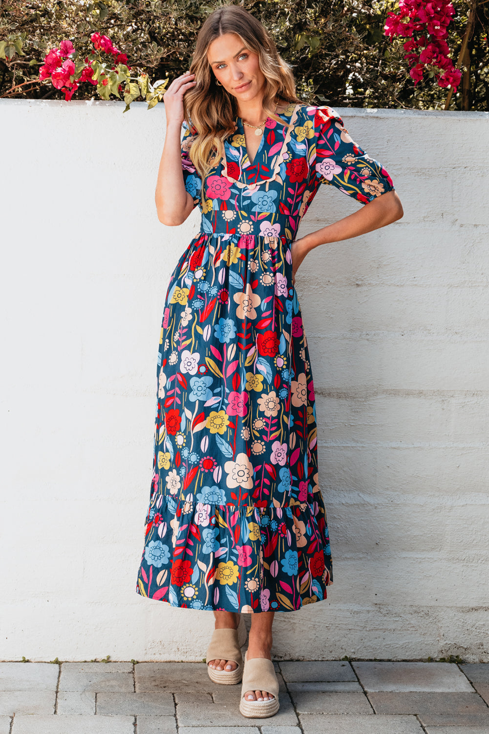 Retro Floral Printed Split Neck Maxi Dress