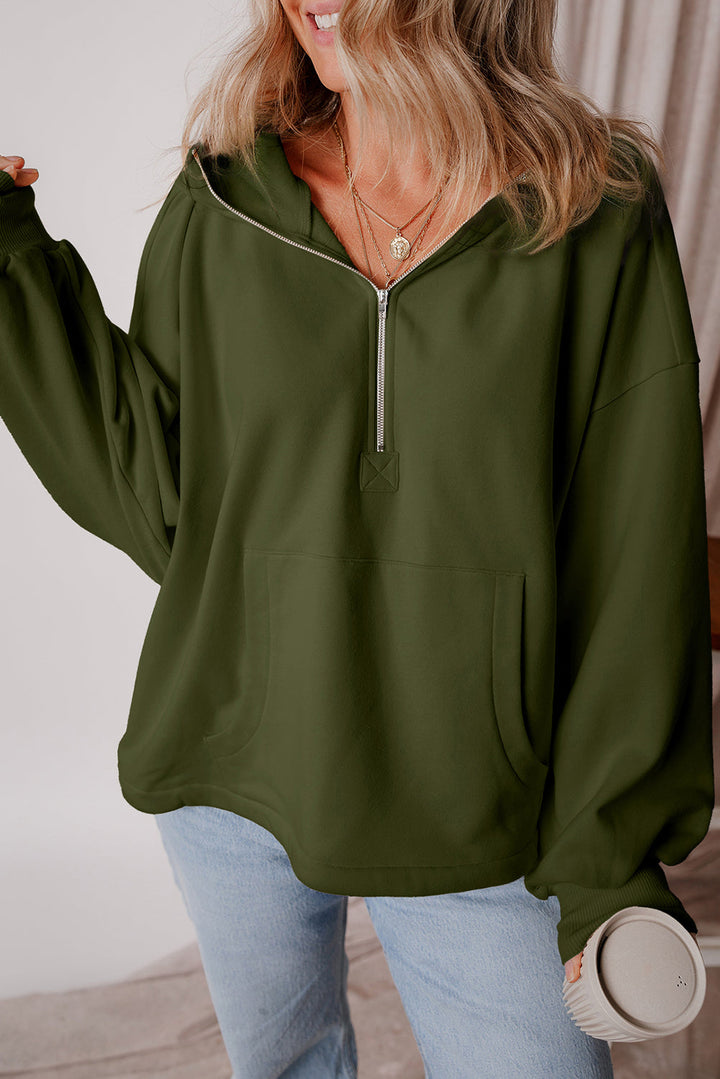 Fleece Lined Half Zipper Kangaroo Pockets Loose Hoodie