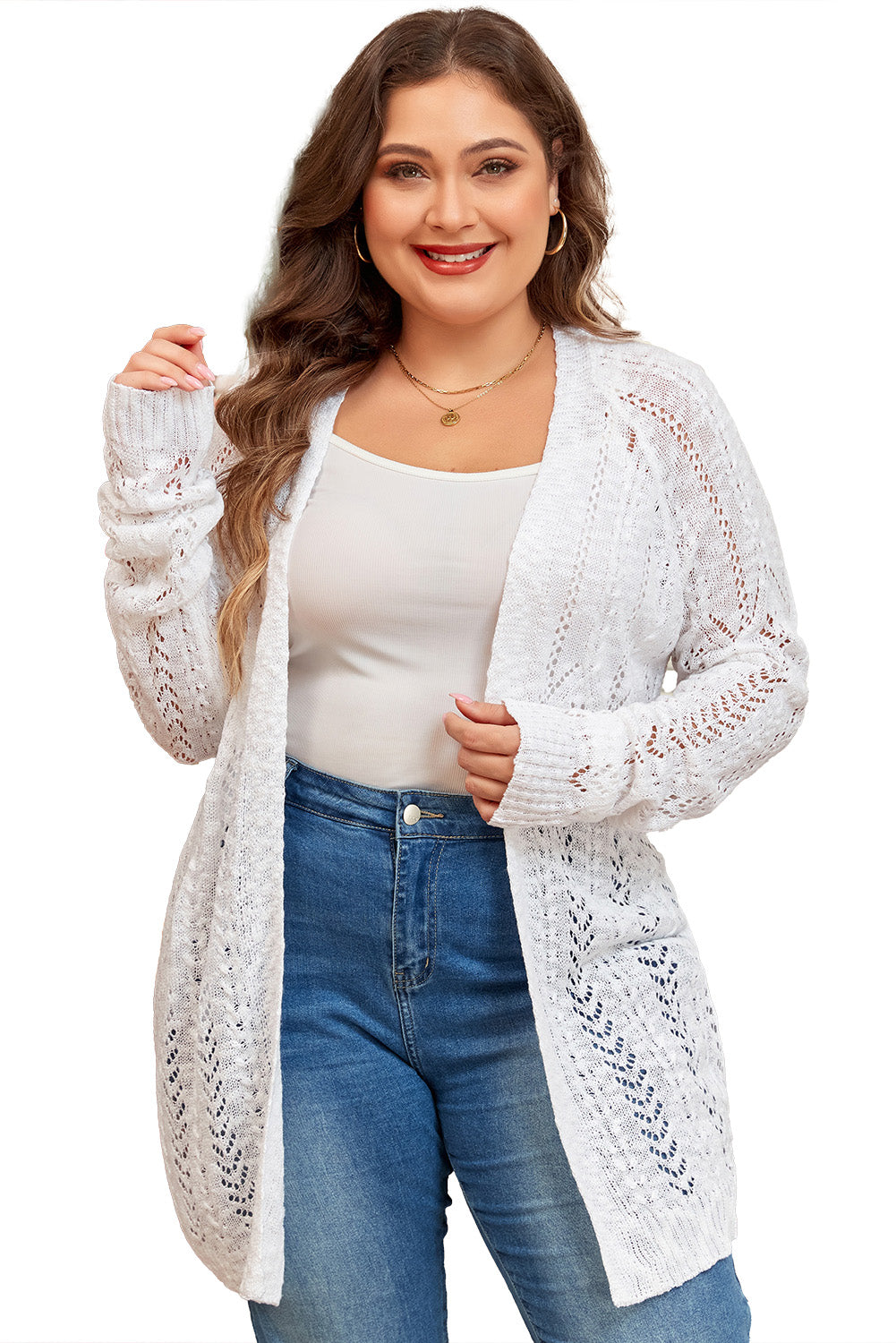 Plus Size Eyelet Knit Open Front Cardigan