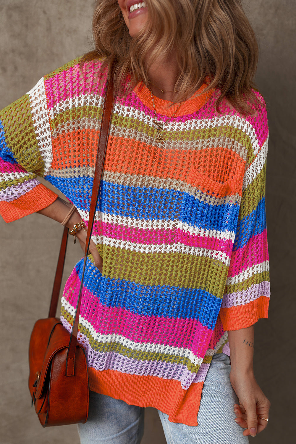 Colorblock Hollowed Crochet 3/4 Sleeve Sweater