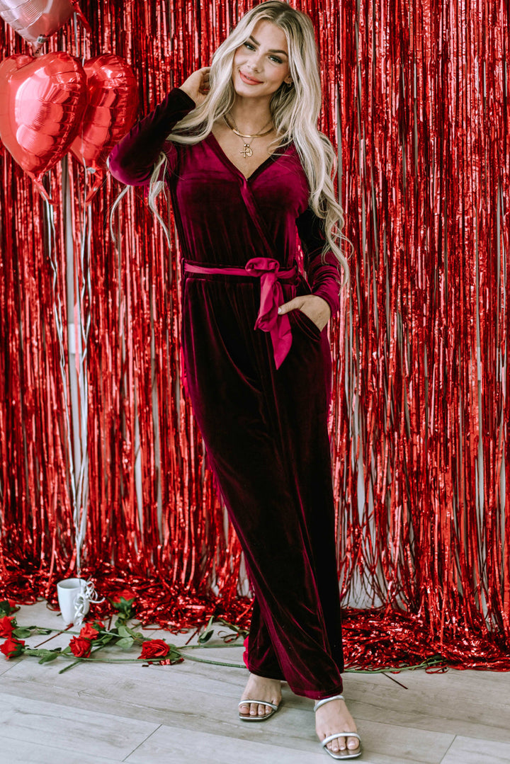 Velvet Pocketed Cut out Back Wide Leg Jumpsuit