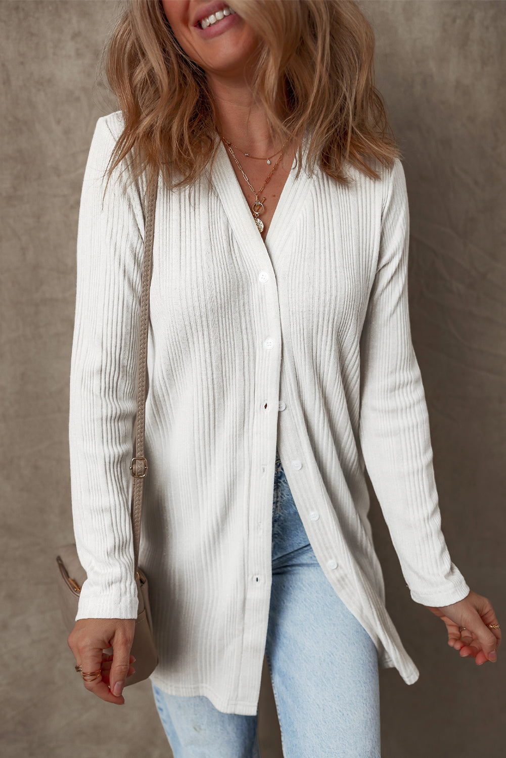 Solid Color Ribbed Button up Tunic Cardigan