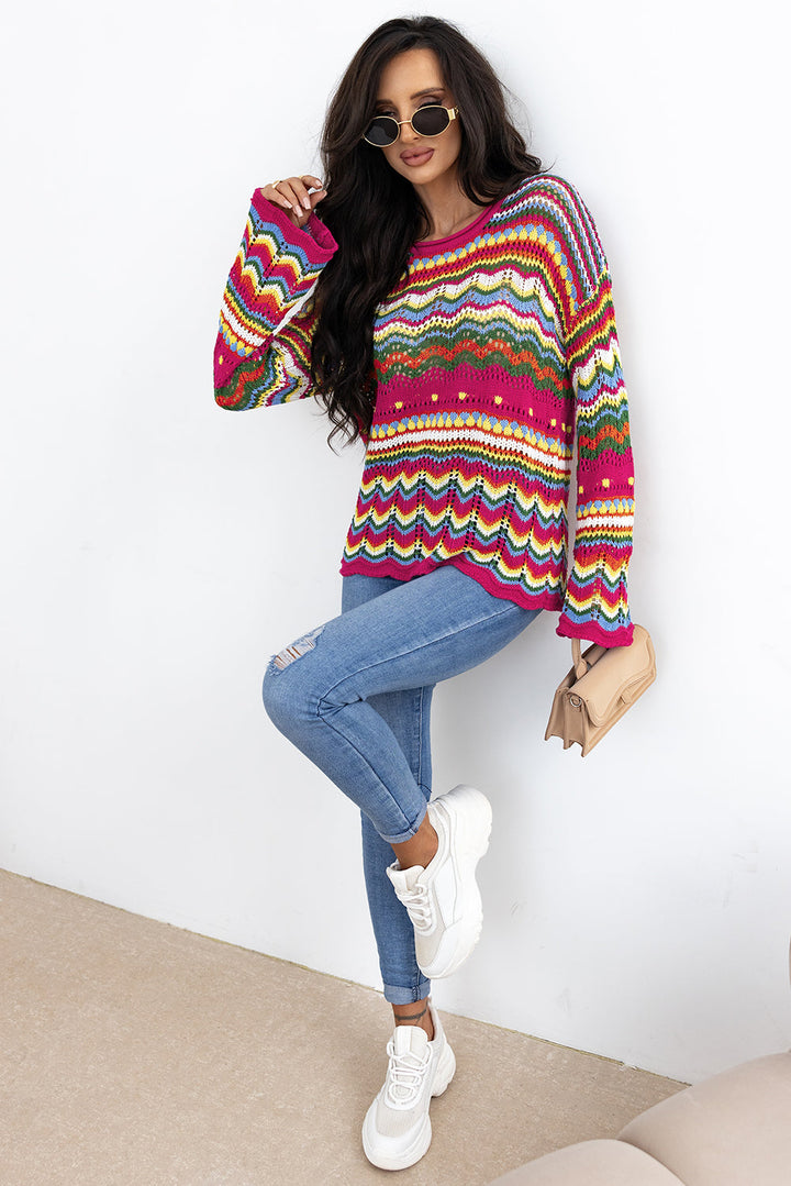 Colorblock Striped Hollowed Knit Loose Sleeve Sweater